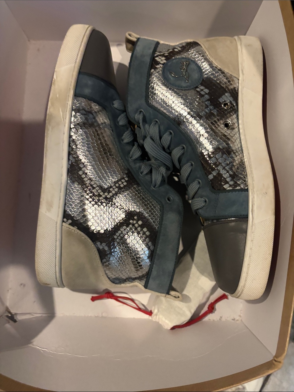 Christian Louboutin Blue and Silver Snake-Print High Top Sneakers